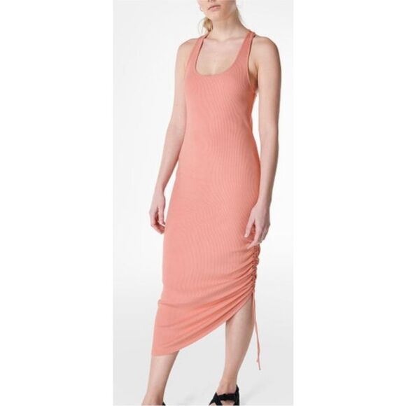 Sweaty‎ Betty Women’s 4/6 Weekend Cinch Side Midi Dress Rose Pink Stretchy Rib - Picture 1 of 9